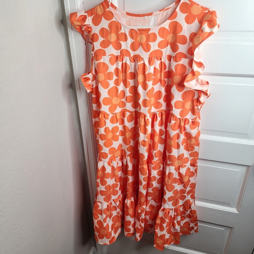 Daisy Floral Orange Ruffle Sleeve Midi Dress XL Hippy Boho Halloween